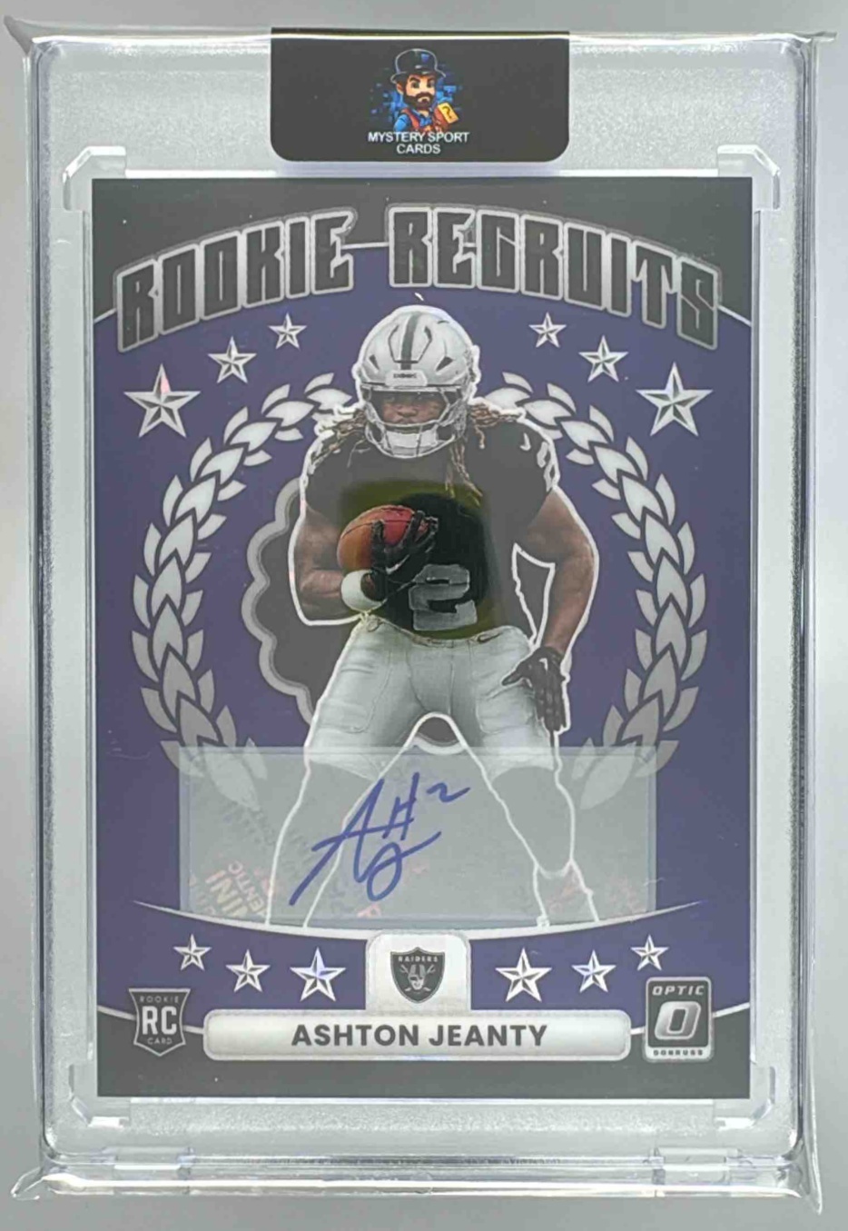 Card image for 2025 Panini Donruss Optic Ashton Jeanty Hidden Potential Auto Purple Stars Prizm /25 #5 RC Raiders