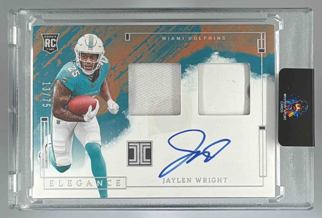 Card image for 2024 Panini Impeccable Jaylen Wright Elegance Rookie Helmet and Patch Auto /75 #RHP-JWT MEM RC Dolphins
