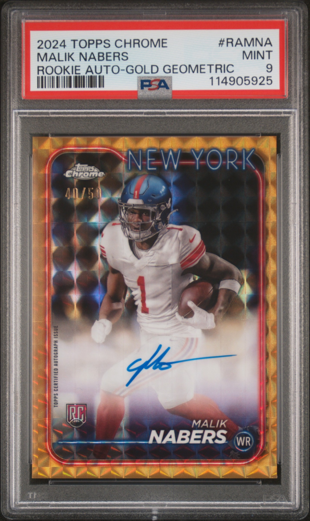 Card image for 2024 Topps Chrome Malik Nabers Rookie Auto Gold Geometric Refractor /50 #RA-MNA RC Giants PSA 9