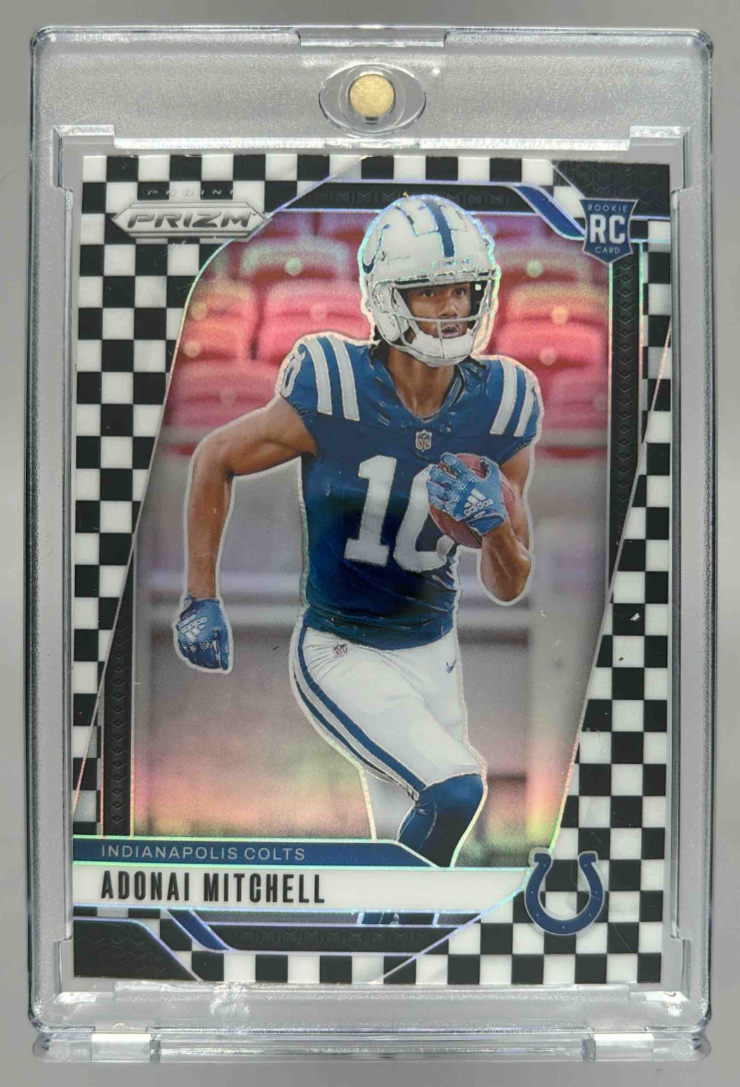 Card image for 2024 Panini Prizm Adonai Mitchell Black and White Checker #303 RC Colts