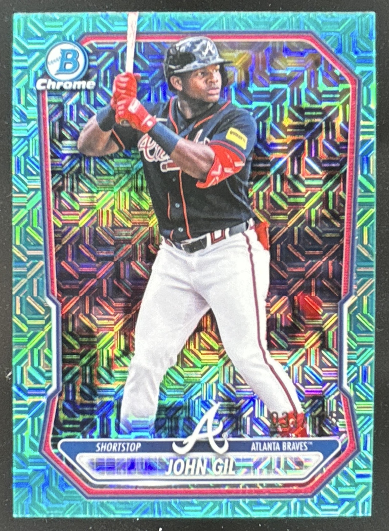 Card image for John Gil 2026 Bowman Chrome Mega Box Prospects Aqua Mojo Refractor /125