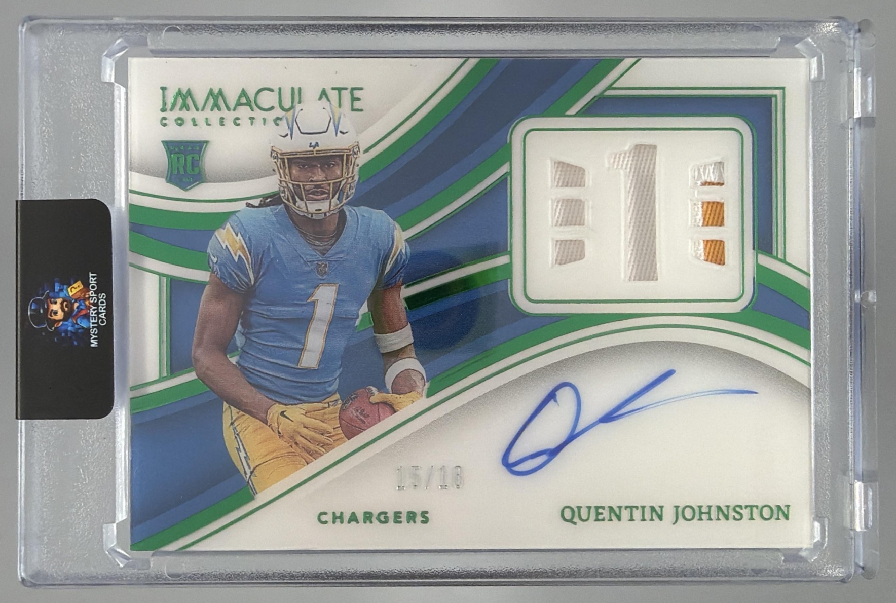 Card image for 2023 Panini Immaculate Collection Quentin Johnston Numbers Rookie Patch Auto Emerald /18 #INA-QJN MEM Chargers