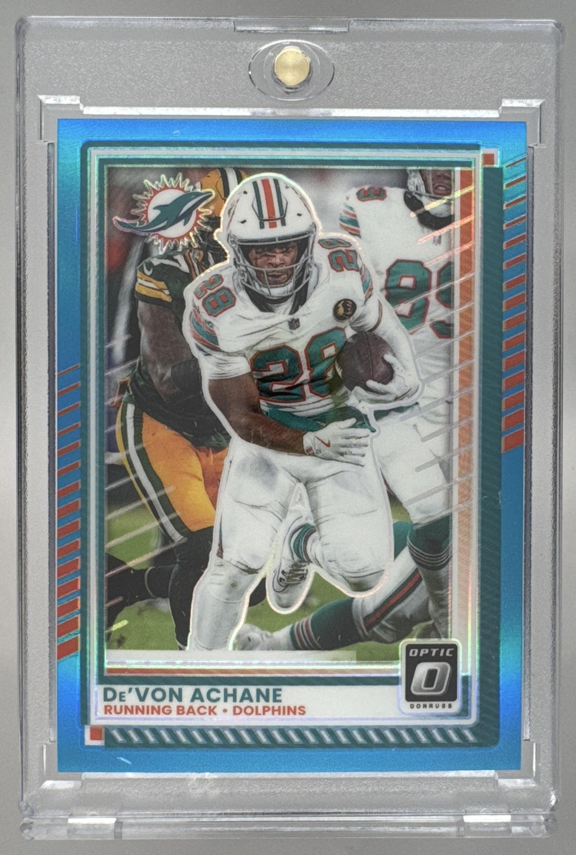 Card image for 2025 Panini Donruss Optic De'Von Achane Aqua Prizm /349 #86 Dolphins