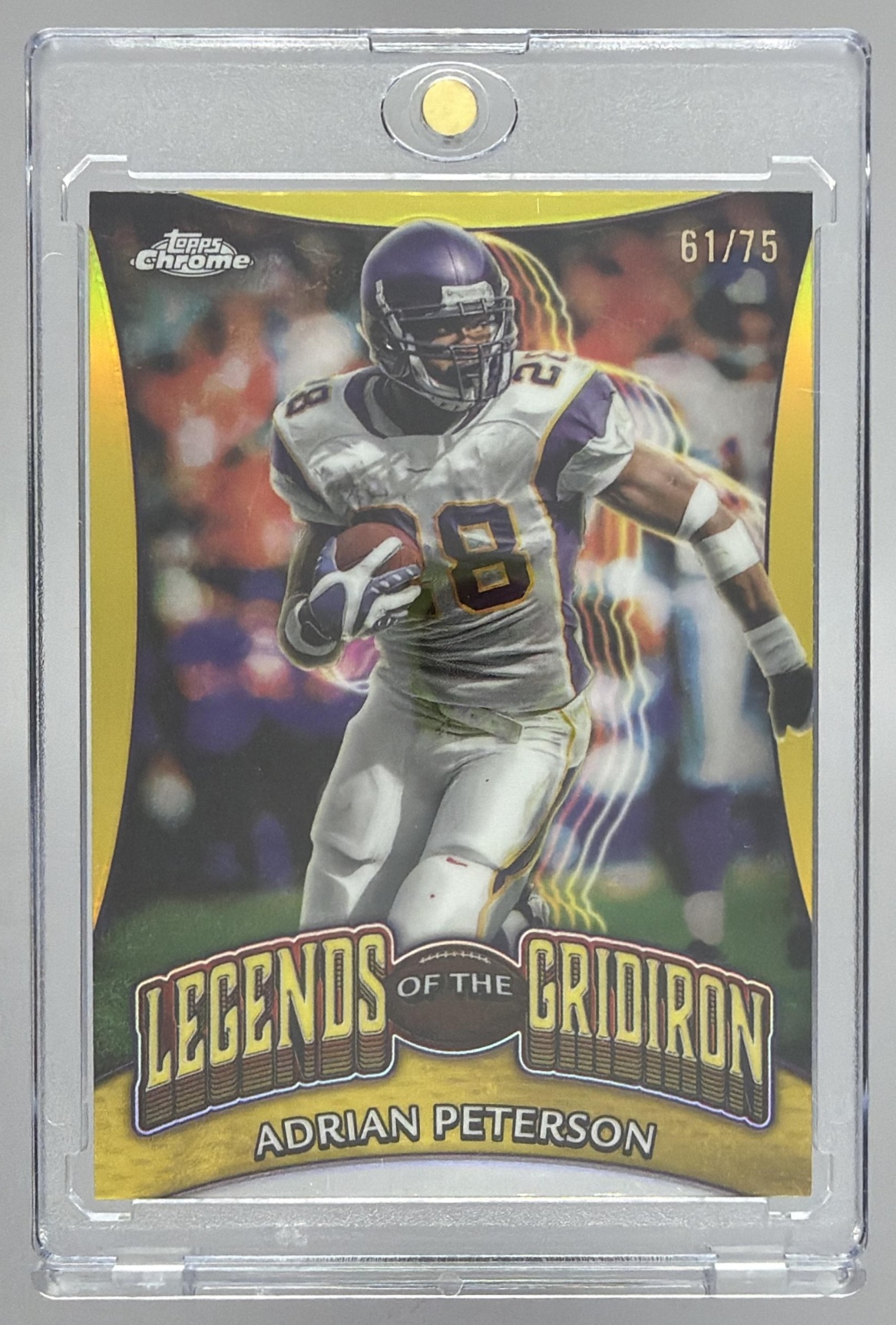 Card image for 2024 Topps Chrome Adrian Peterson Legends of the Gridiron Yellow Refractor /75 #LOG-16 Vikings