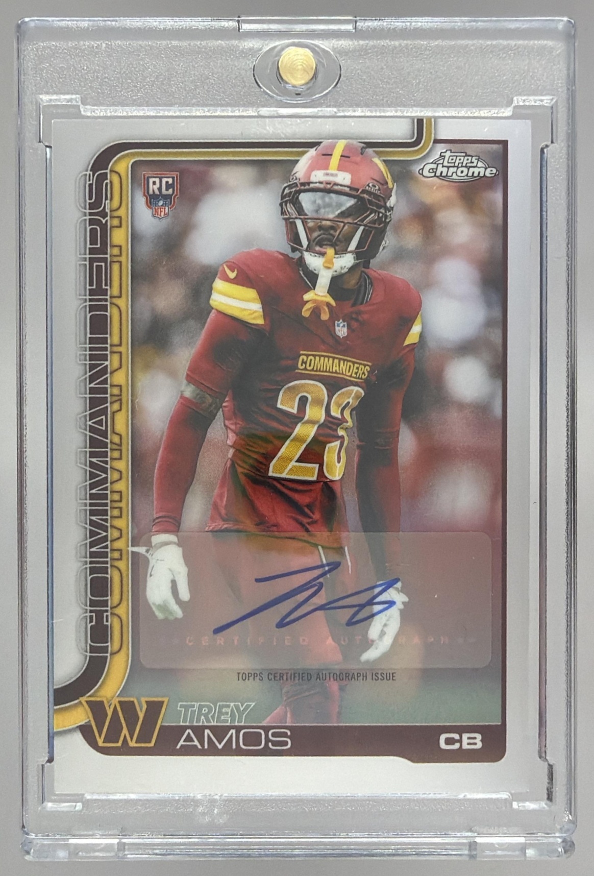 Card image for 2025 Topps Football Chrome Trey Amos Rookie Auto #RA-TA RC Washington Commanders