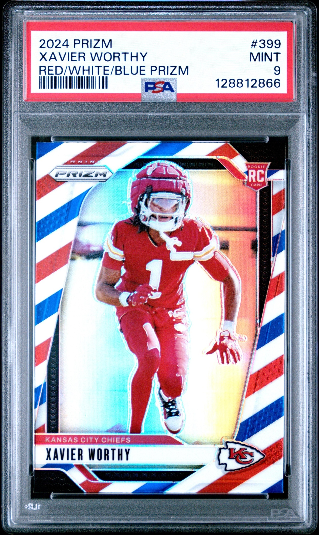 Card image for 2024 Panini Prizm Xavier Worthy Red White and Blue #399 RC Chiefs