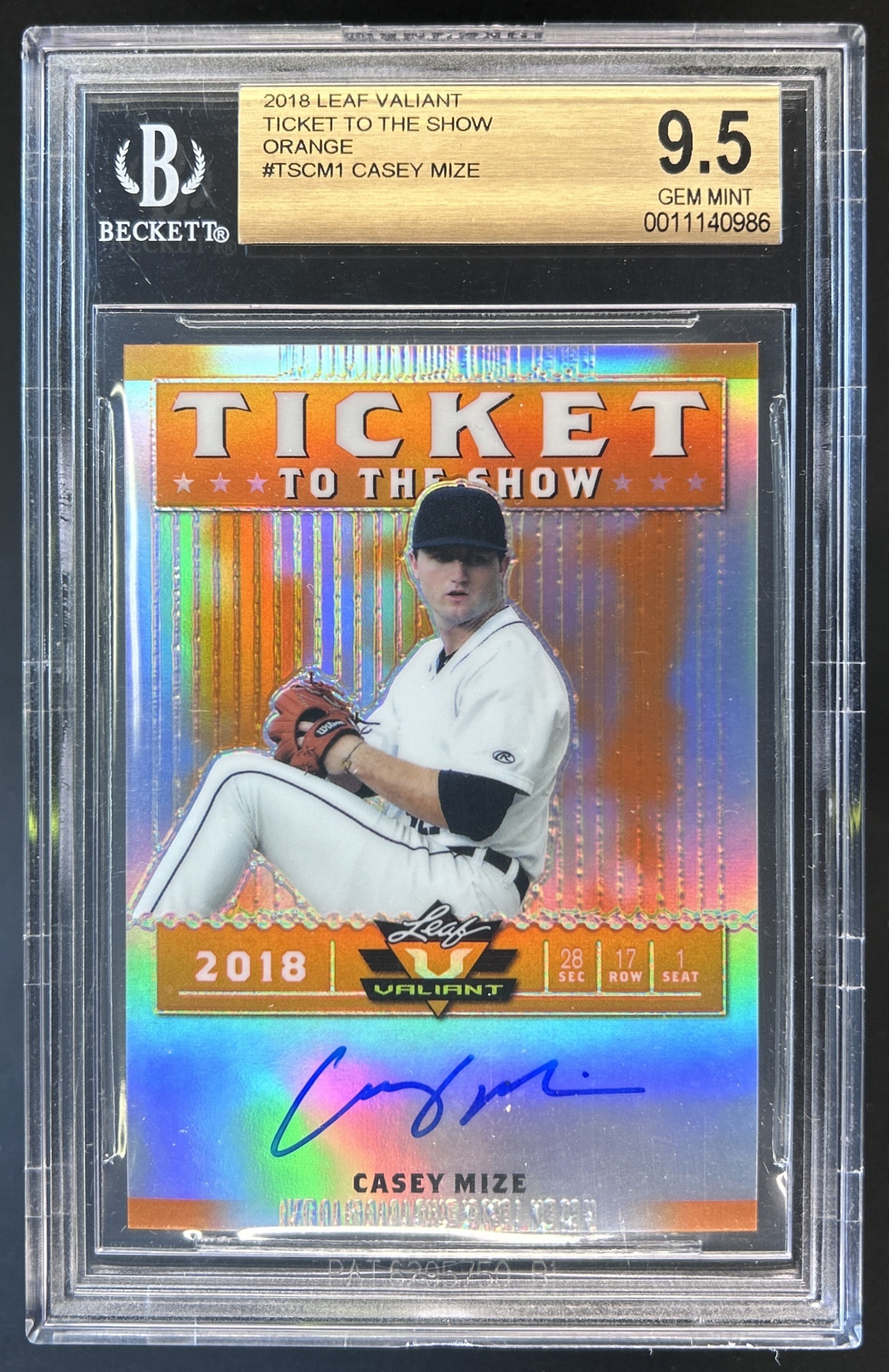 Card image for 2018 VALIANT CASEY MIZE #TS-CM1 TICKET TO THE SHOW AUTO ORANGE 23/35 BGS 9.5 GEM MINT ROOKIE SIGNATURE RC