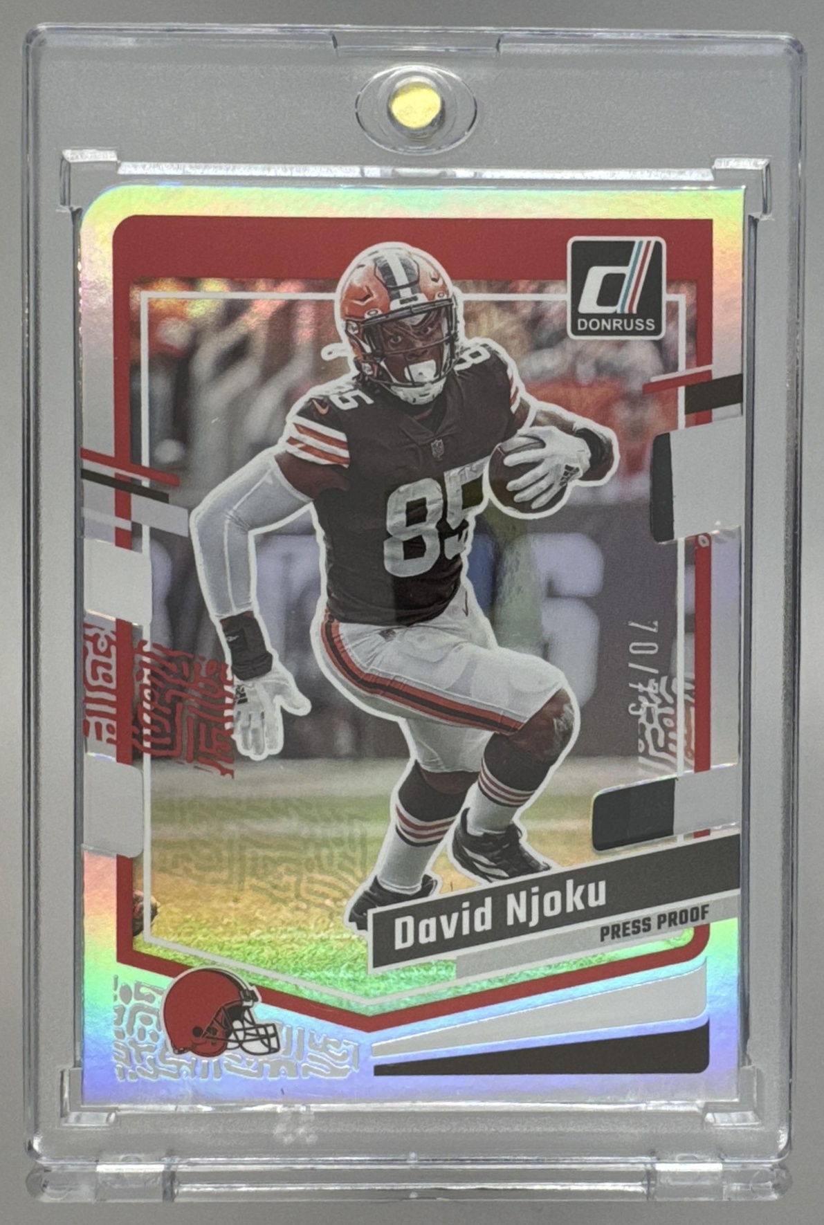 Card image for 2023 Panini Donruss David Njoku Press Proof Silver Die Cut /75 #70 Browns