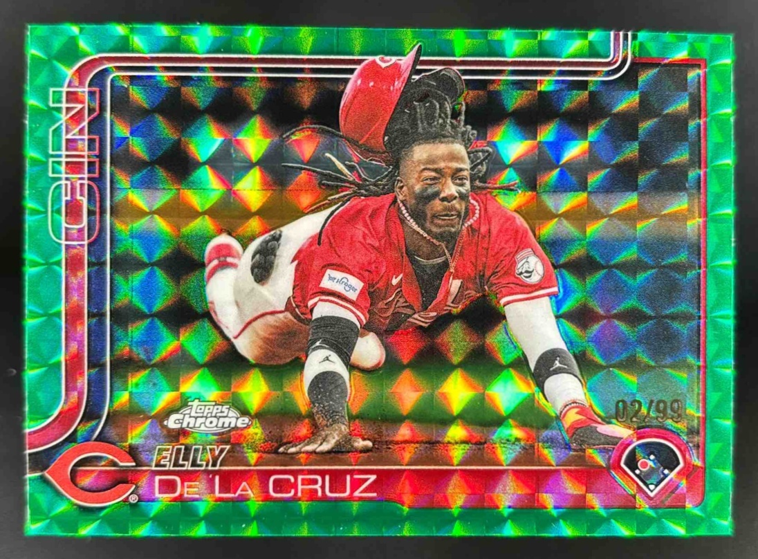 Card image for 2025 Topps Chrome Update Elly De La Cruz Green Geometric Refractor /99