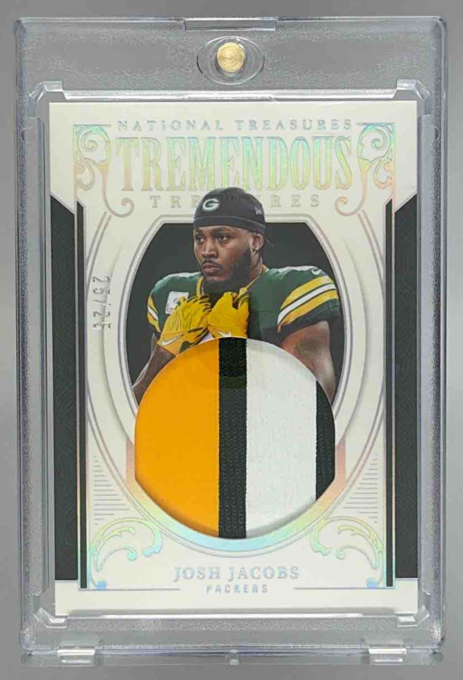 Card image for 2025 Panini National Treasures Josh Jacobs Tremendous /99 #TT-JJS MEM Packers
