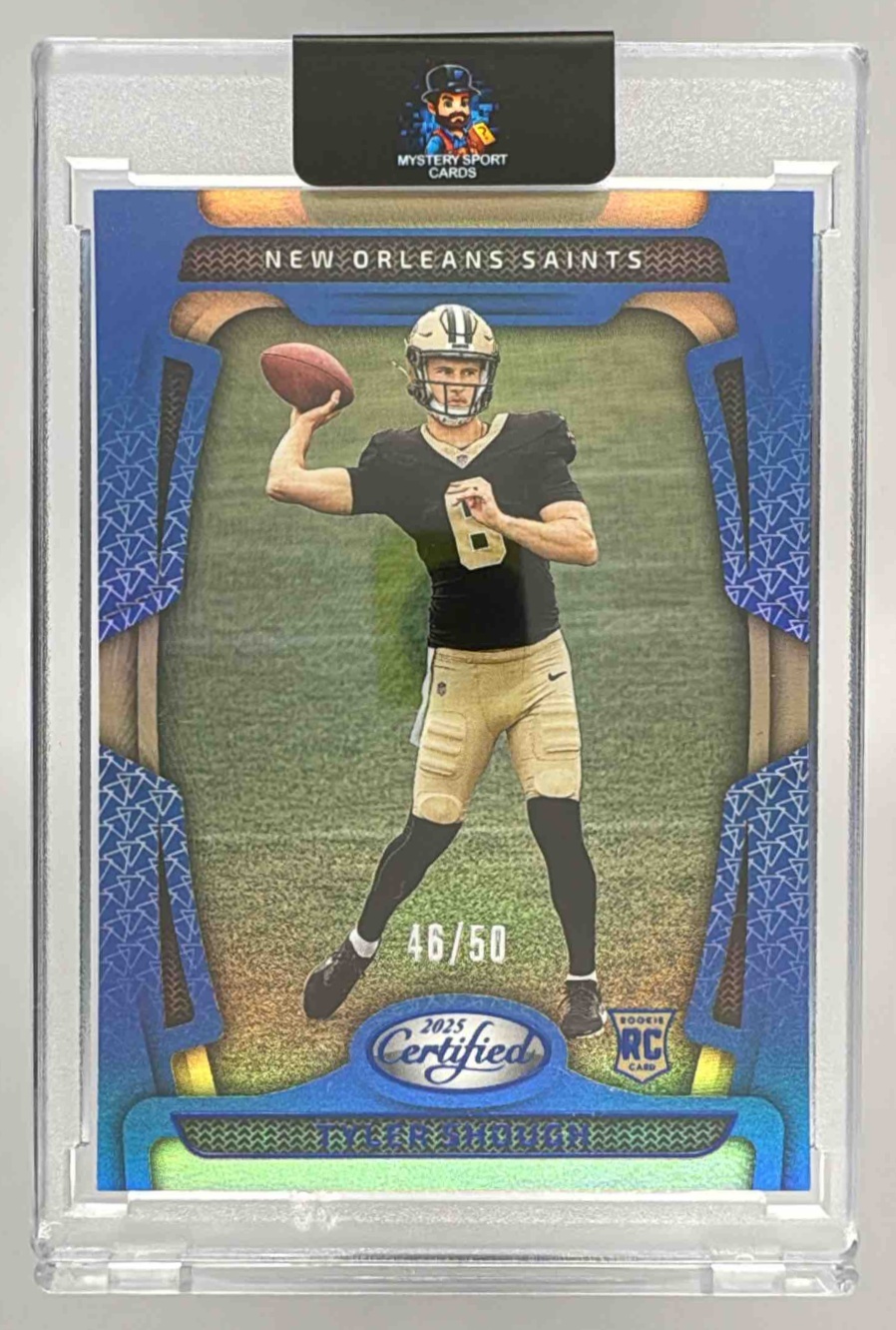 Card image for 2025 Panini Certified Tyler Shough Rookies Mirror Blue /50 #102 RC Saints