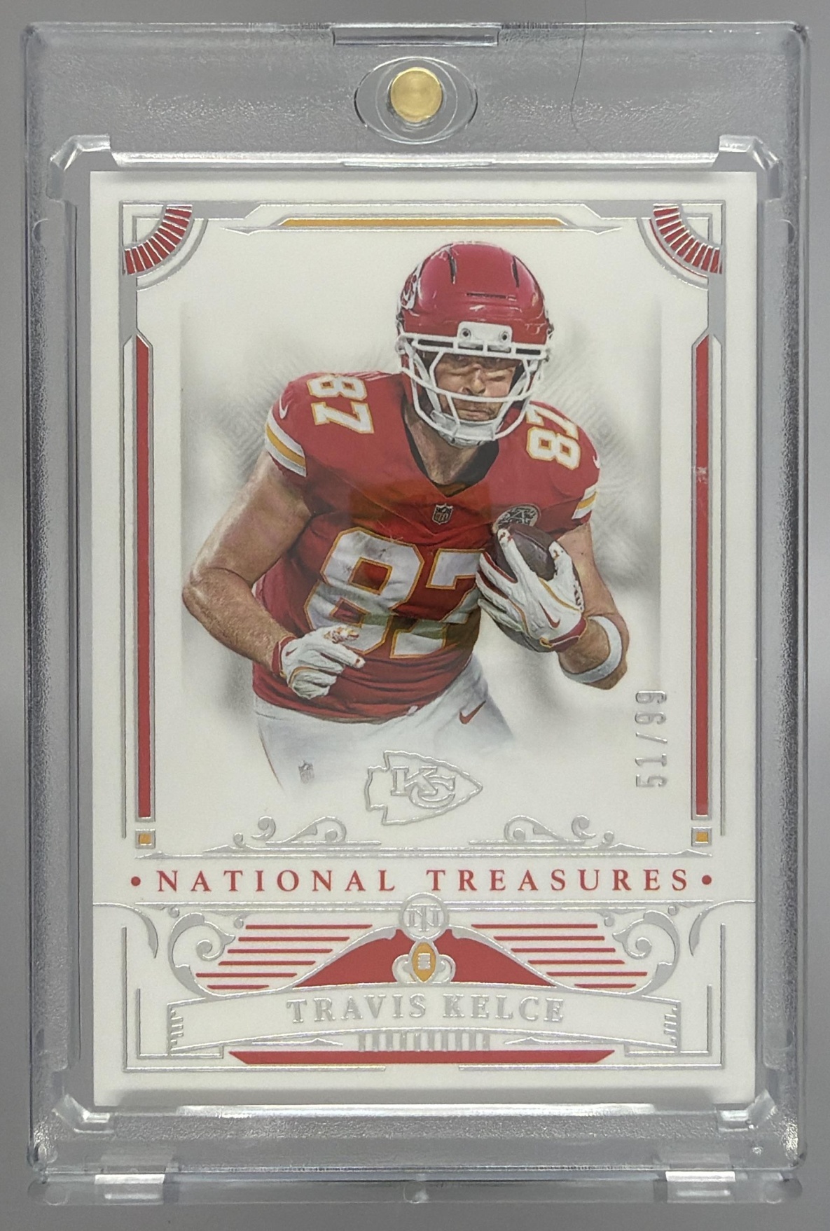 Card image for 2025 Panini Football National Treasures Travis Kelce /99 #48 Kansas City Chiefs