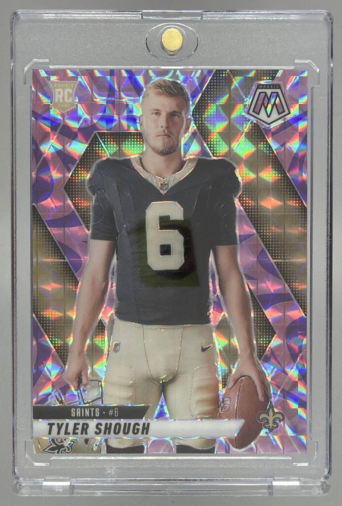 Card image for 2025 Panini Mosaic Tyler Shough Rookie Variation Purple Scope Prizm #273 RC Saints