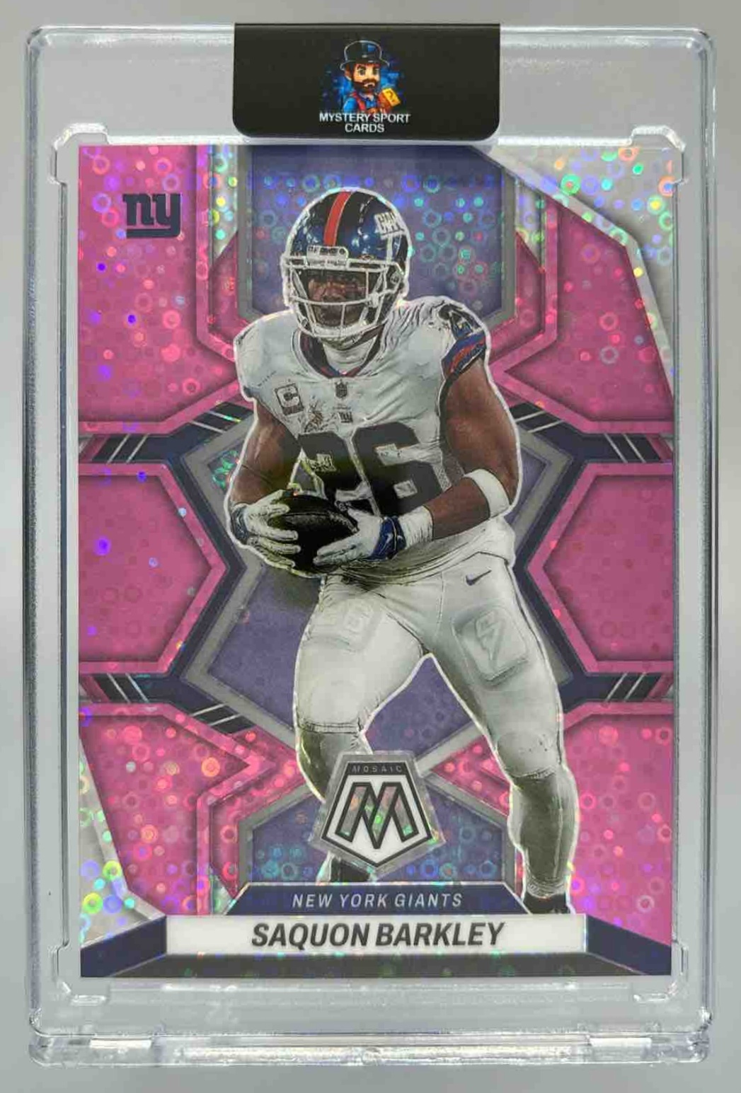 Card image for 2022 Panini Mosaic Saquon Barkley Mosaic No Huddle Pink /20 #146 Giants