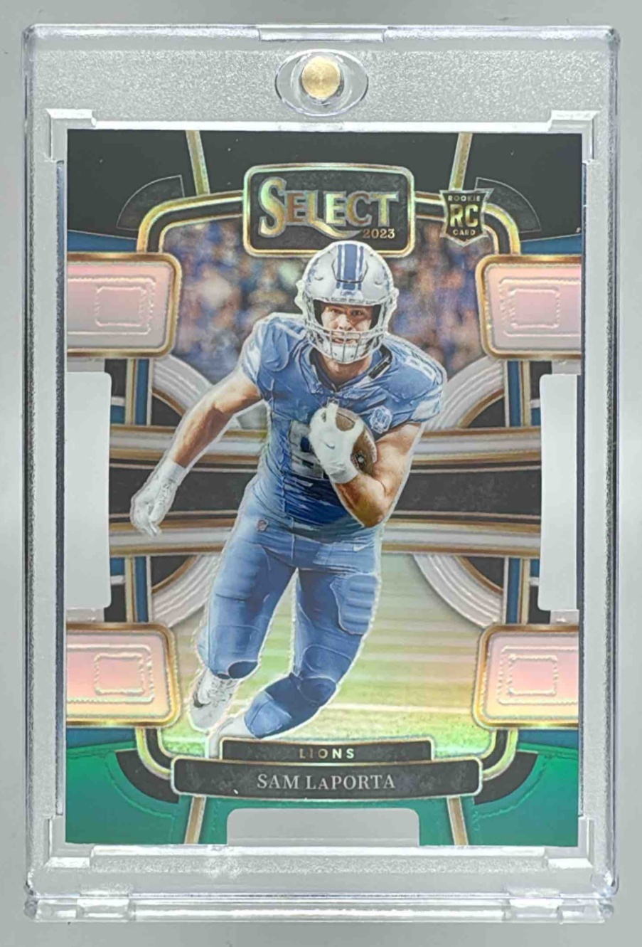 Card image for 2023 Panini Select Sam LaPorta Black and Green Prizms Die Cut #35 RC Concourse Lions