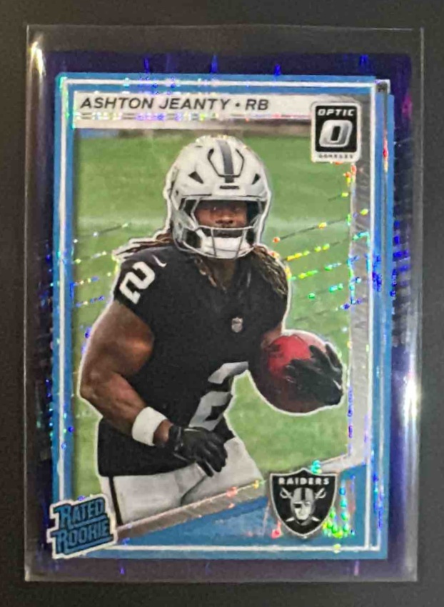 Card image for 2025 Panini Donruss Optic Ashton Jeanty #202 Rated Rookie Purple Shock Prizm