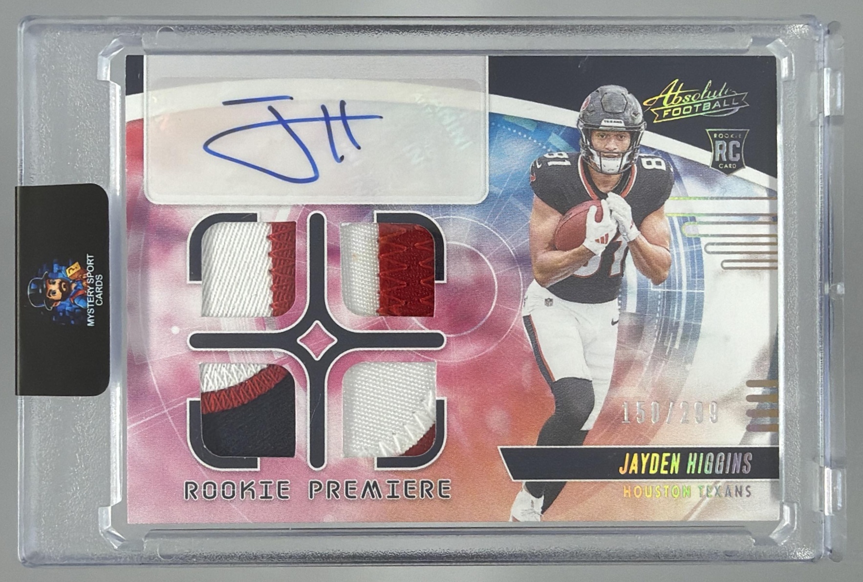 Card image for 2025 Panini Absolute Jayden Higgins Rookie Premiere Materials Autos Quad /299 #RPM-JHS MEM RC Auto Texans