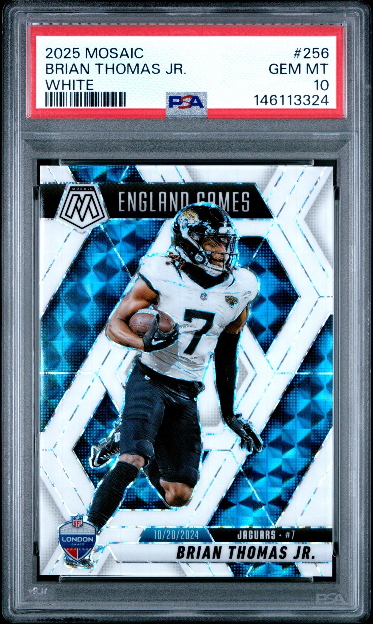 Card image for 2025 Panini Mosaic Brian Thomas Jr. International Games White Prizm /25 #256 Jaguars PSA 10