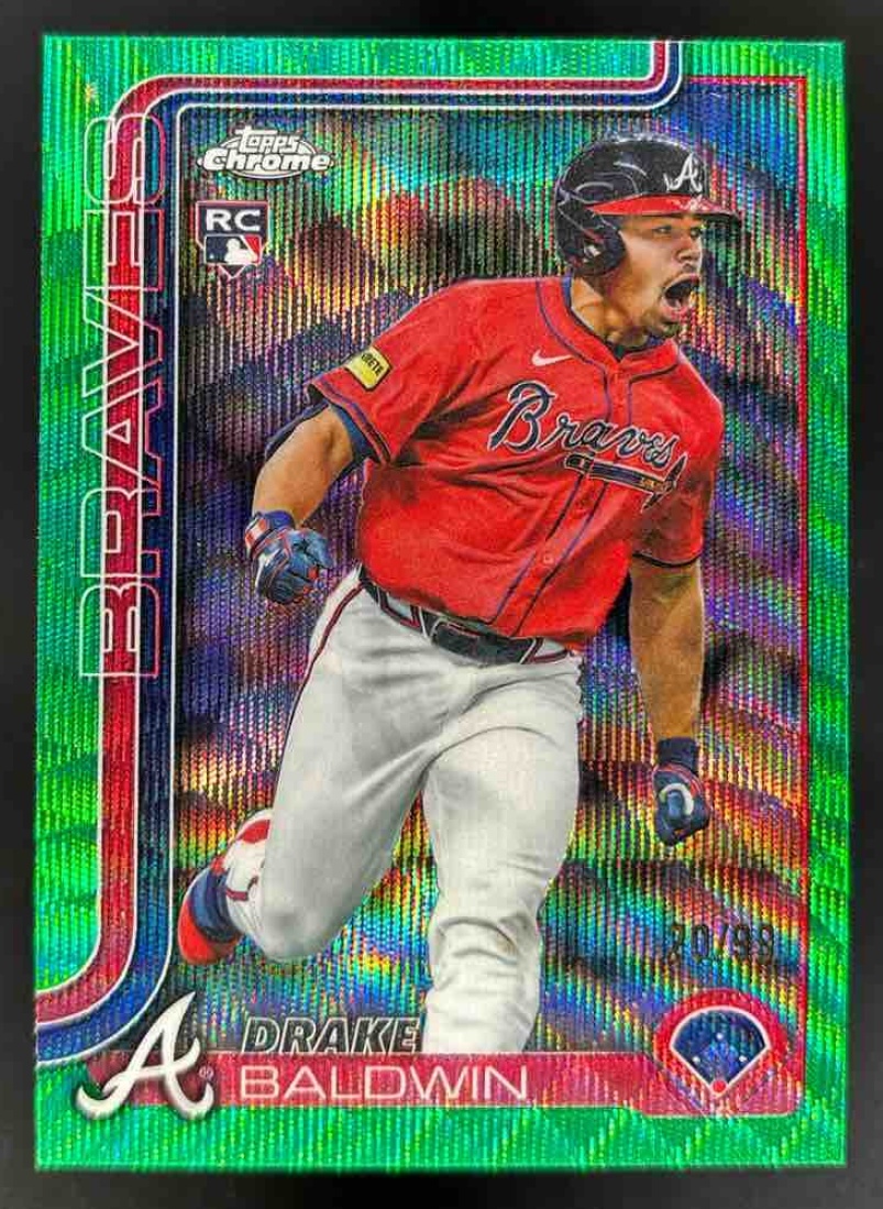 Card image for 2025 Topps Chrome Update Drake Baldwin Green Wave Refractor /99 #USC96 RC Braves