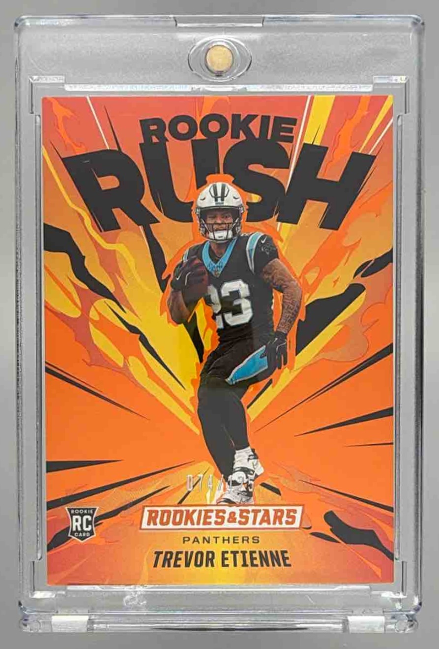 Card image for 2025 Panini Rookies & Stars Trevor Etienne Rookie Rush #19 RC Panthers