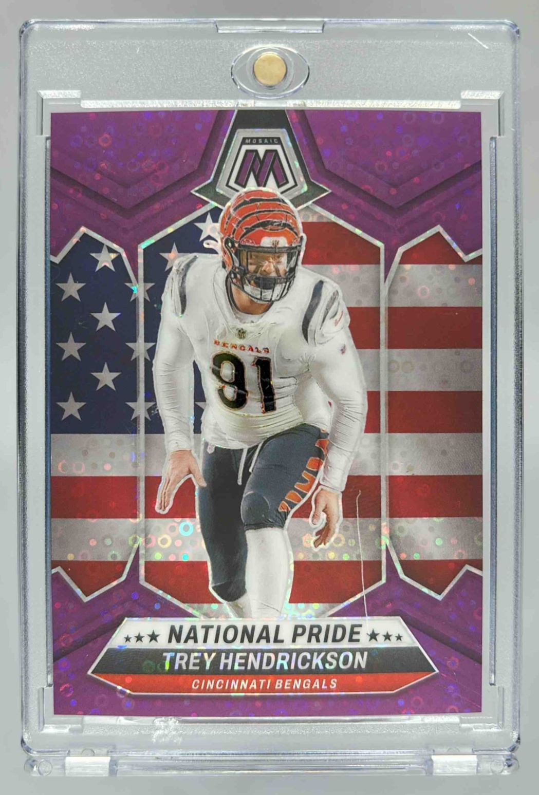 Card image for 2024 Panini Mosaic Trey Hendrickson No Huddle Purple Prizm /50 #267 National Pride Bengals