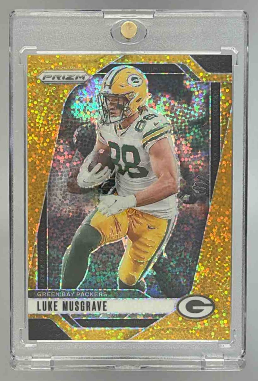 Card image for 2024 Panini Football Prizm Luke Musgrave Gold Sparkle /24 #105 Green Bay Packers