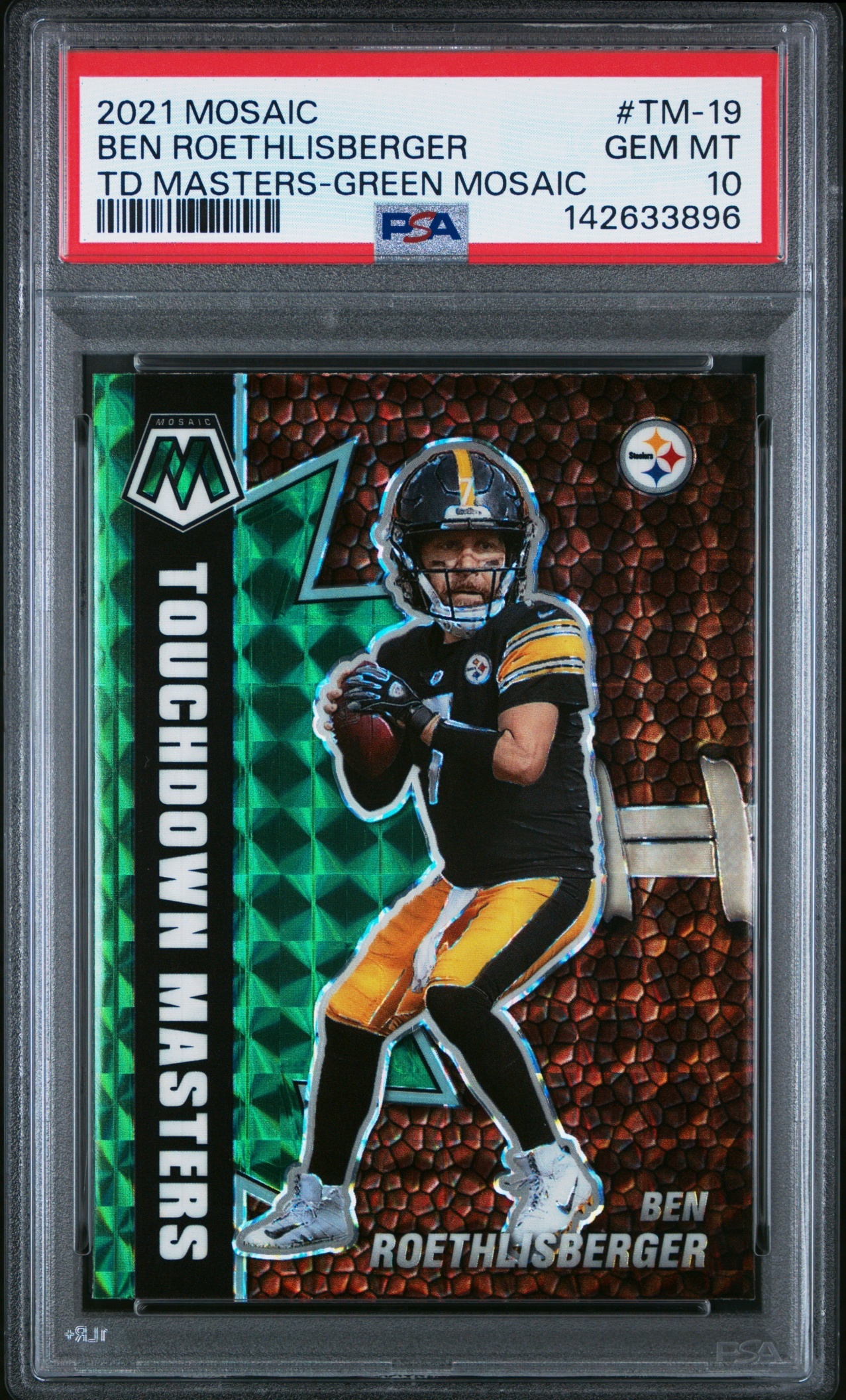 Card image for 2021 Panini Mosaic Ben Roethlisberger Touchdown Masters Mosaic Green Fluorescent /20 #TM-19 Steelers