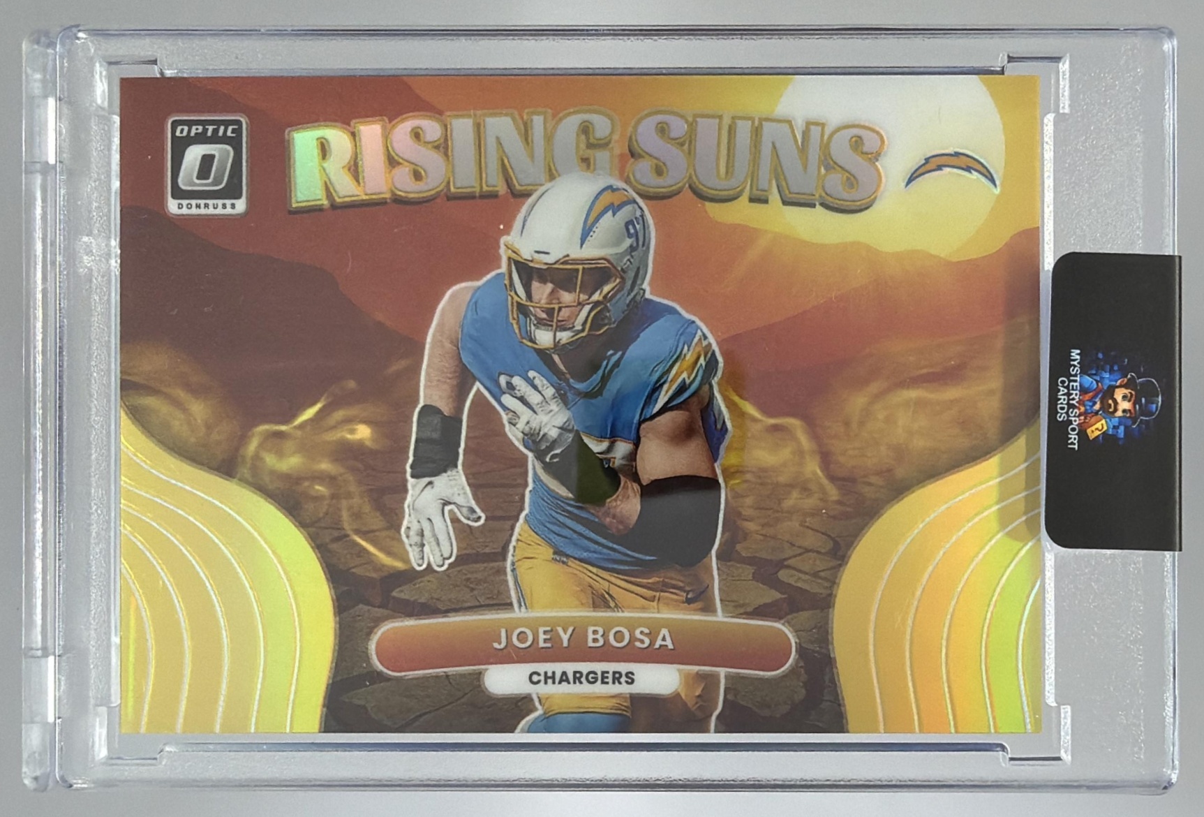 Card image for 2022 Panini Donruss Optic Joey Bosa Rising Suns Gold /10 #RS-8 Chargers
