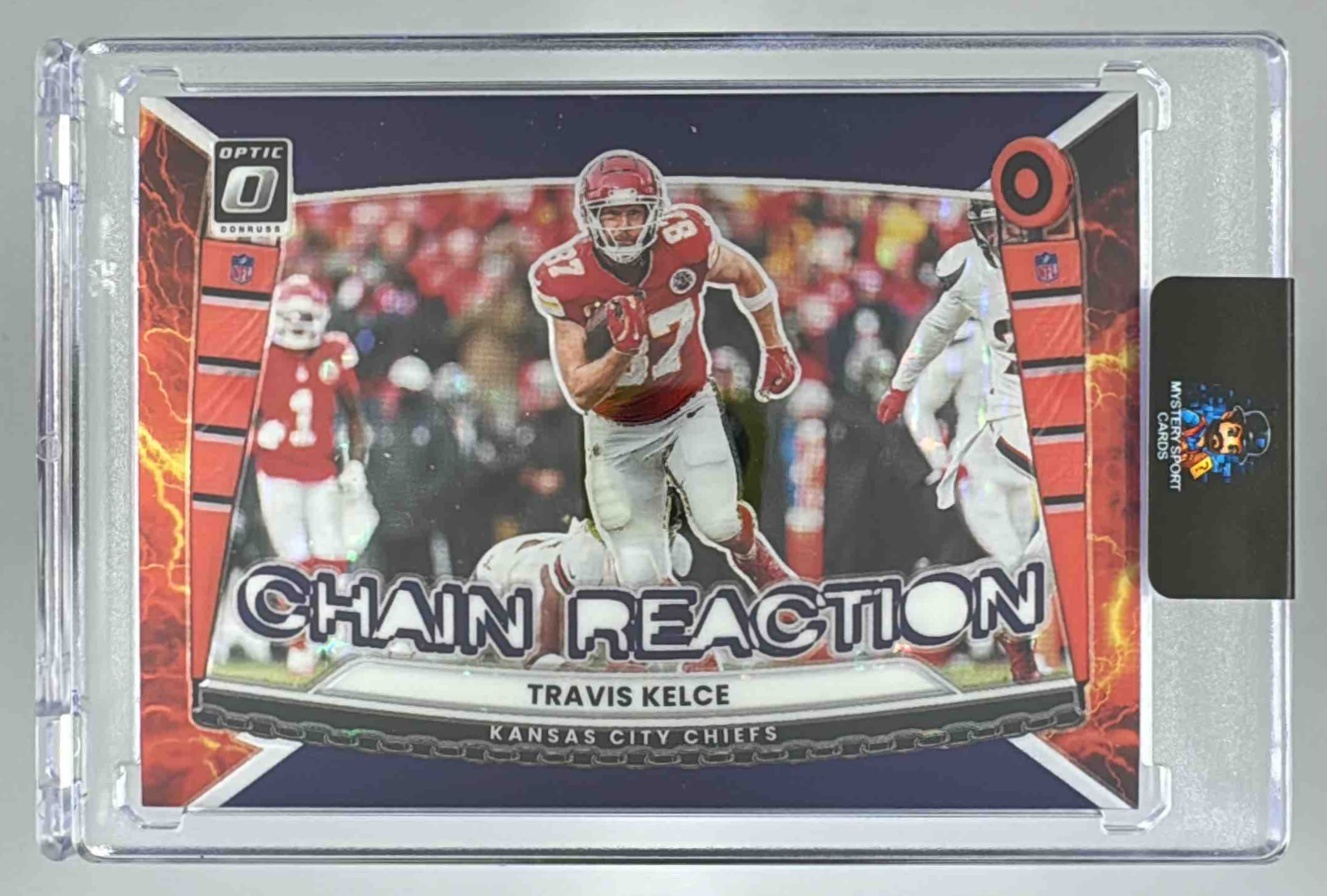 Card image for 2025 Panini Donruss Optic Travis Kelce Chain Reaction Purple Stars Prizm /25 #7 Chiefs