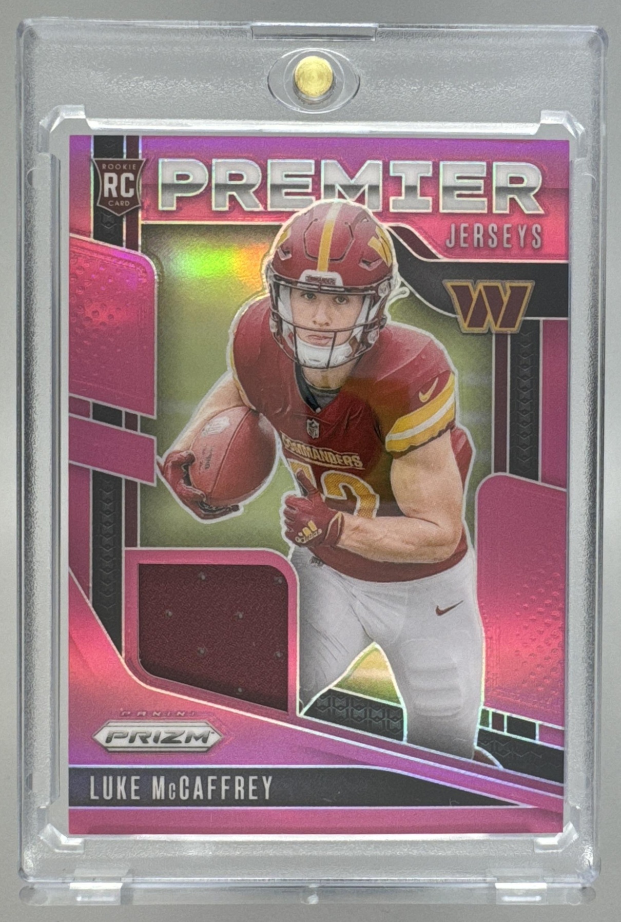 Card image for 2024 Panini Prizm Luke McCaffrey Premier Jerseys #PJ-LMY MEM RC Commanders