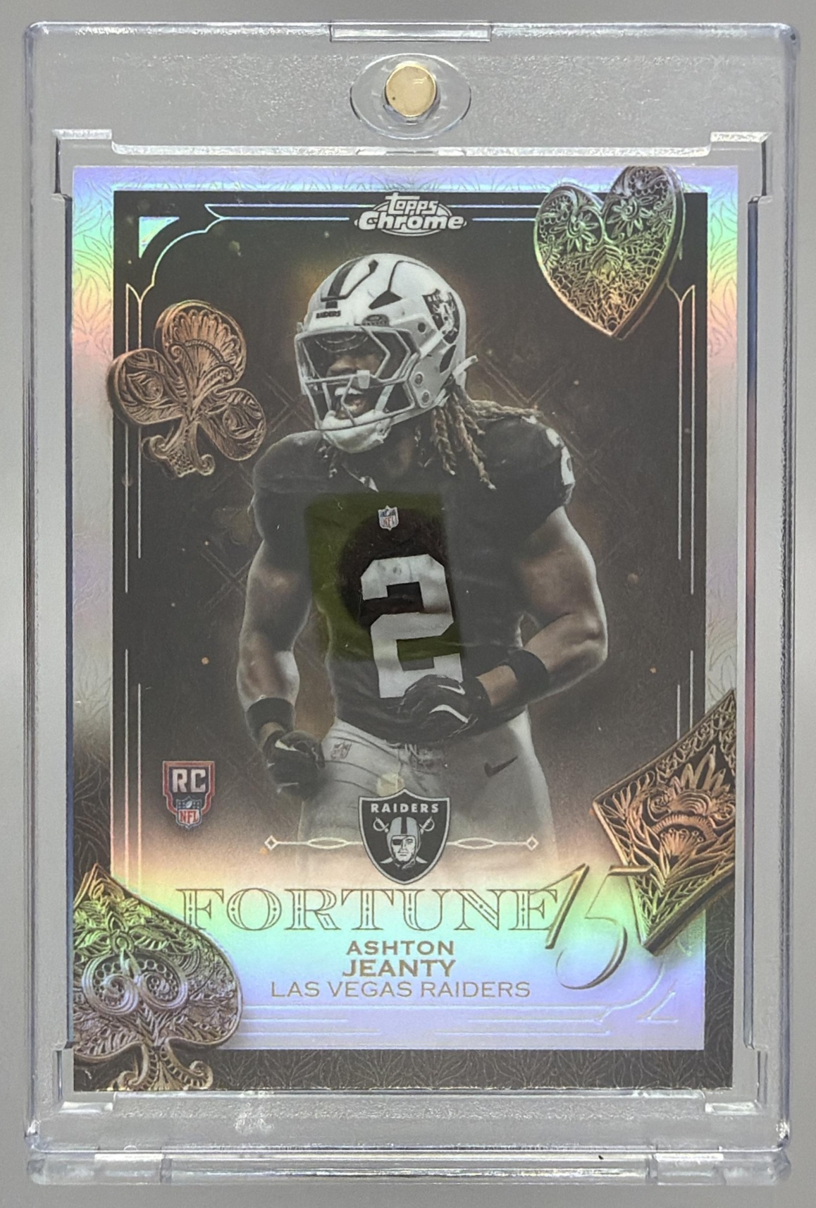 Card image for 2025 Topps Chrome Ashton Jeanty Fortune 15 Refractor #F15-24 RC Raiders