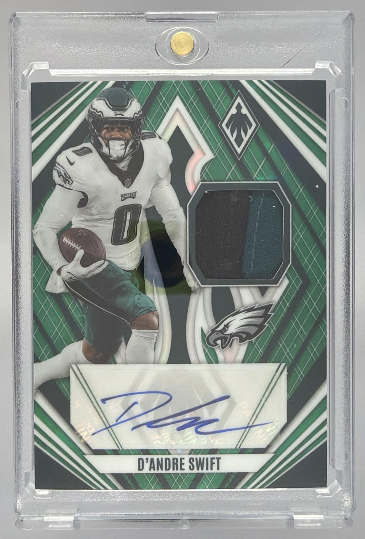 Card image for 2023 Panini Phoenix D'Andre Swift Veteran Auto Materials Green /25 #VAM-DS MEM Eagles