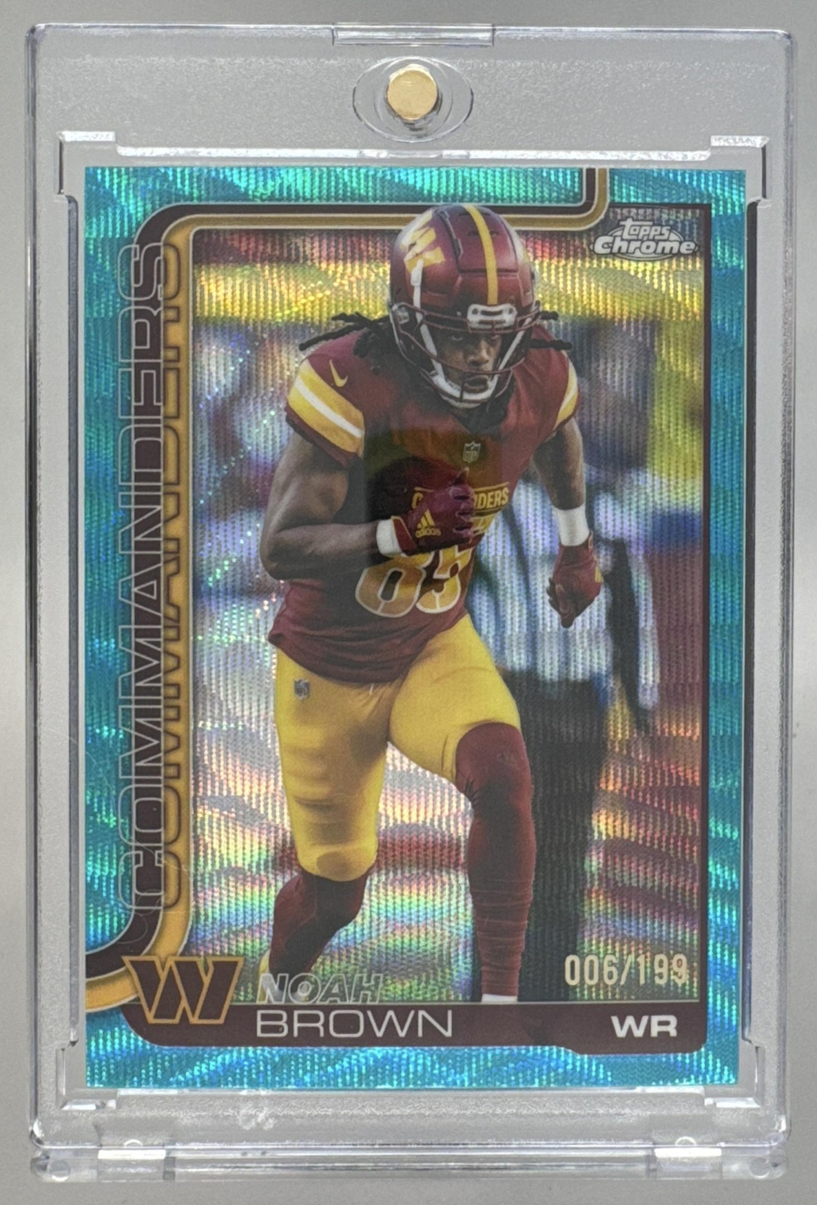 Card image for 2025 Topps Chrome Noah Brown Aqua Wave Refractor /199 #293 Commanders