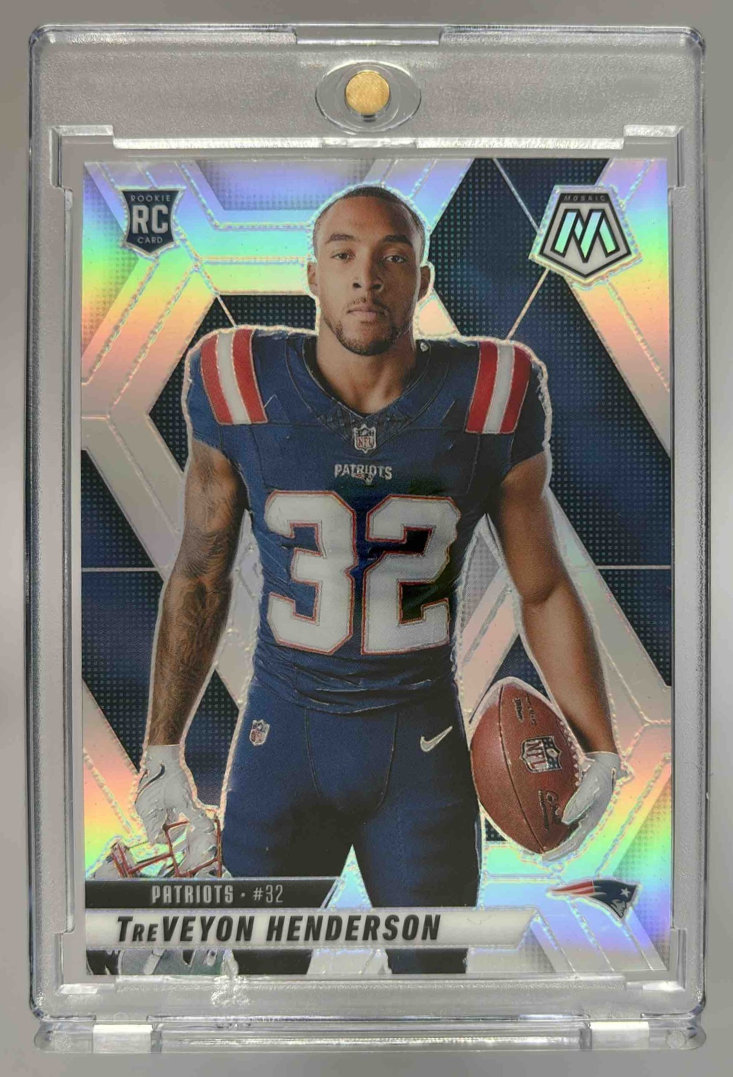 Card image for 2025 Panini Mosaic TreVeyon Henderson Rookie Variation Silver Prizm #278 RC Patriots
