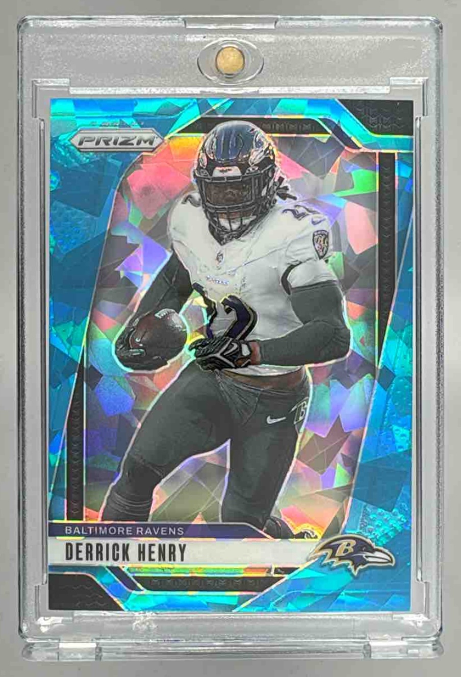 Card image for 2024 Panini Football Prizm Derrick Henry No Huddle Blue /99 #20 Baltimore Ravens