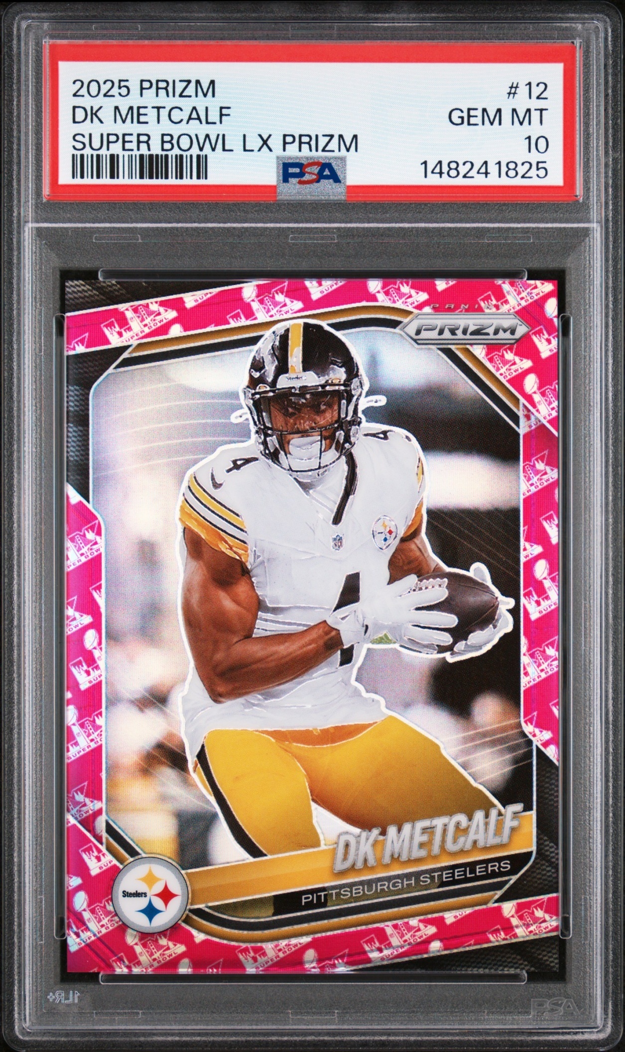 Card image for 2025 Panini Football Prizm DK Metcalf Super Bowl LX /60 #12 Pittsburgh Steelers