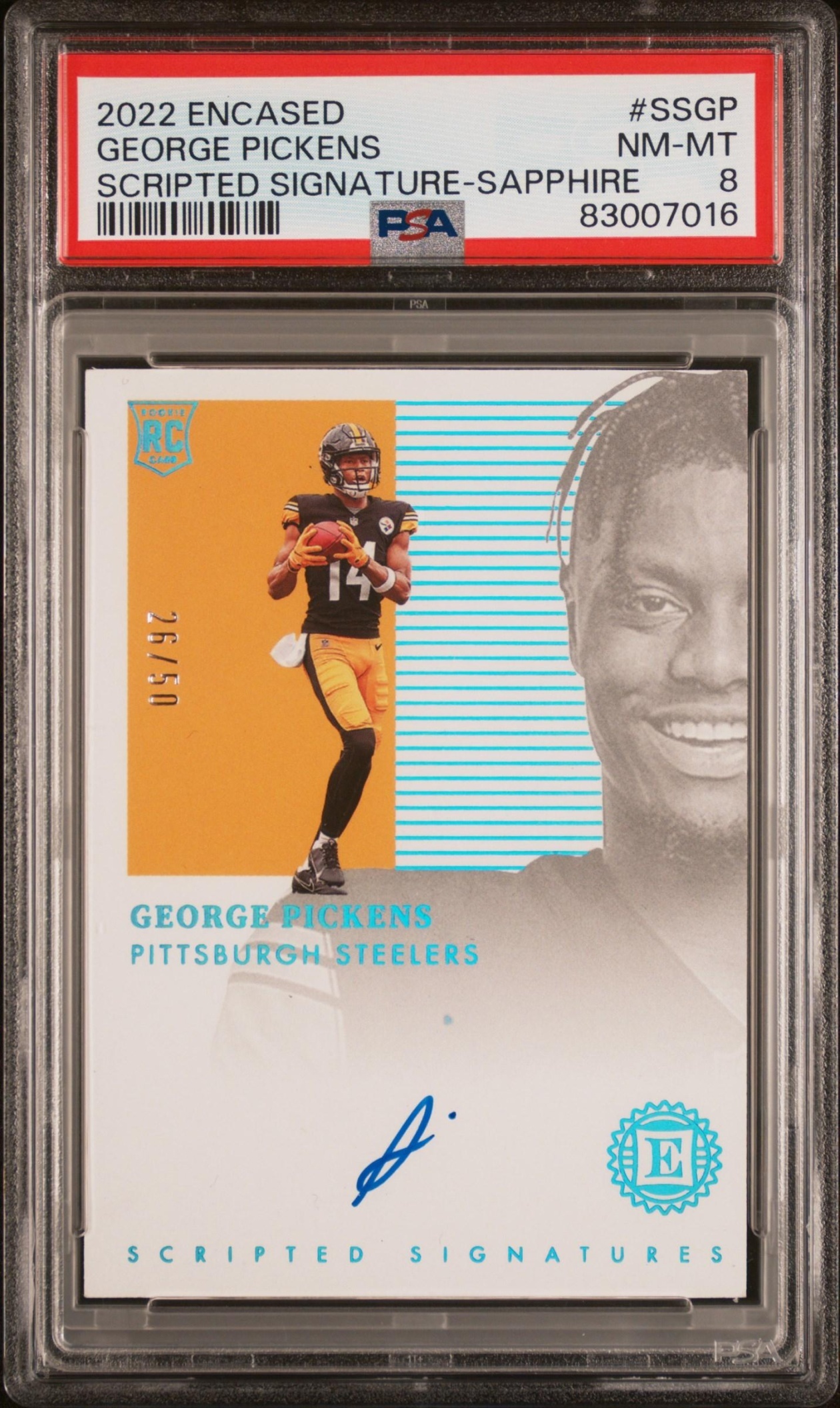 Card image for 2022 Panini Encased George Pickens 2021 Scripted Signatures Sapphire /50 #SS-GP RC Auto Steelers