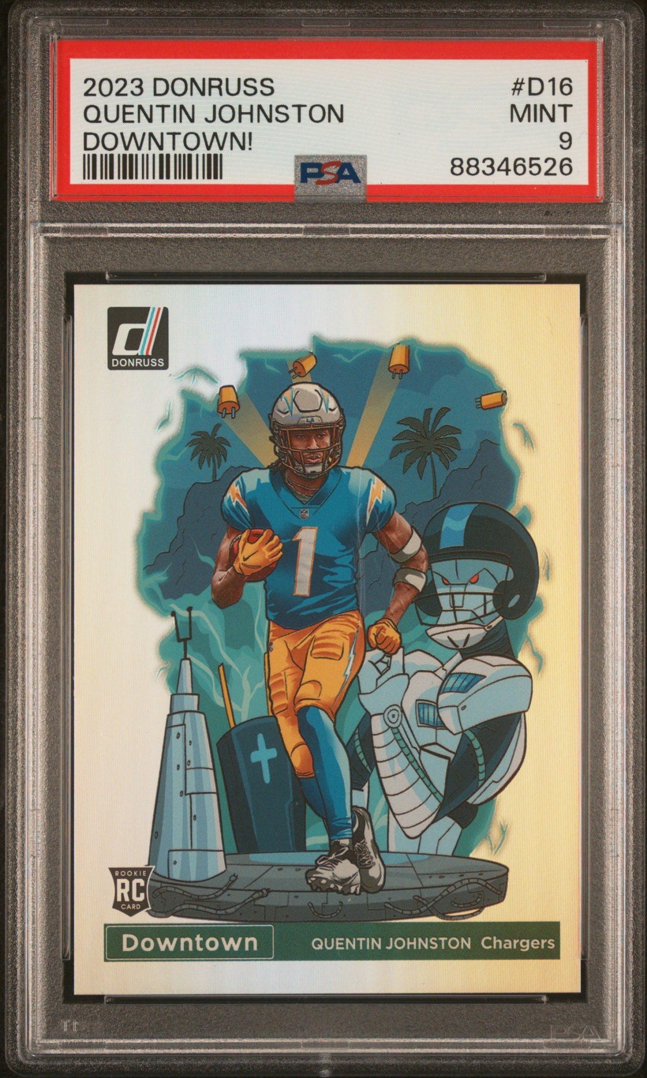 Card image for 2023 Panini Donruss Quentin Johnston Downtown! SSP #D-16 RC Chargers