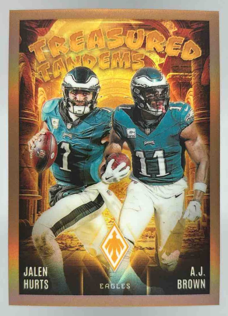 Card image for 2024 Panini Phoenix A.J. Brown Jalen Hurts Treasured Tandems Bronze /75 #TT-PHI Eagles