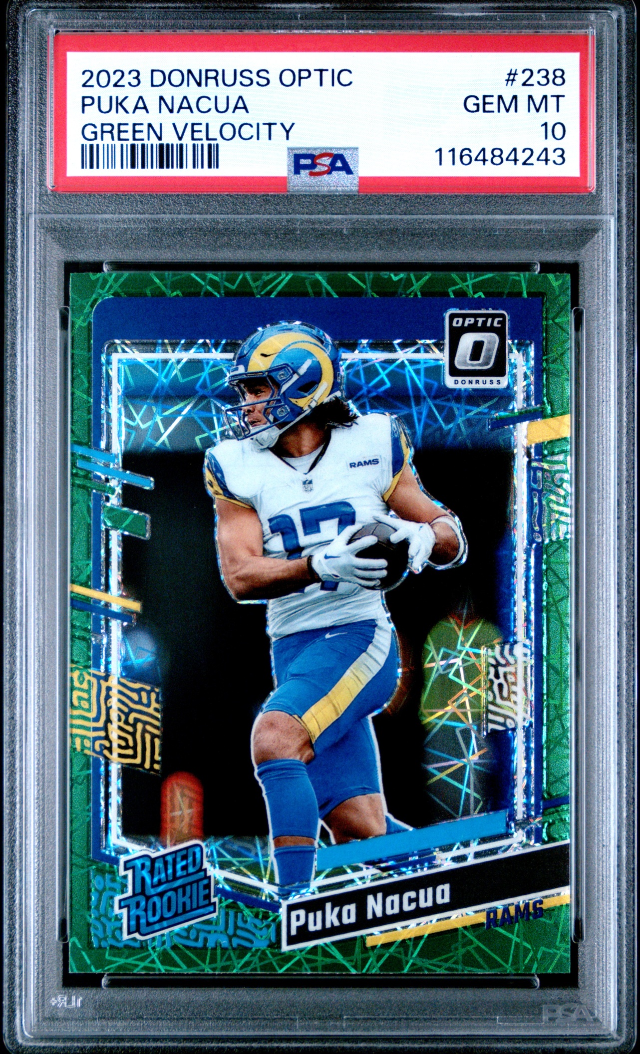 Card image for 2023 Panini Donruss Optic Puka Nacua Green Velocity Prizm #238 RC Rated Rookie Rams PSA 10