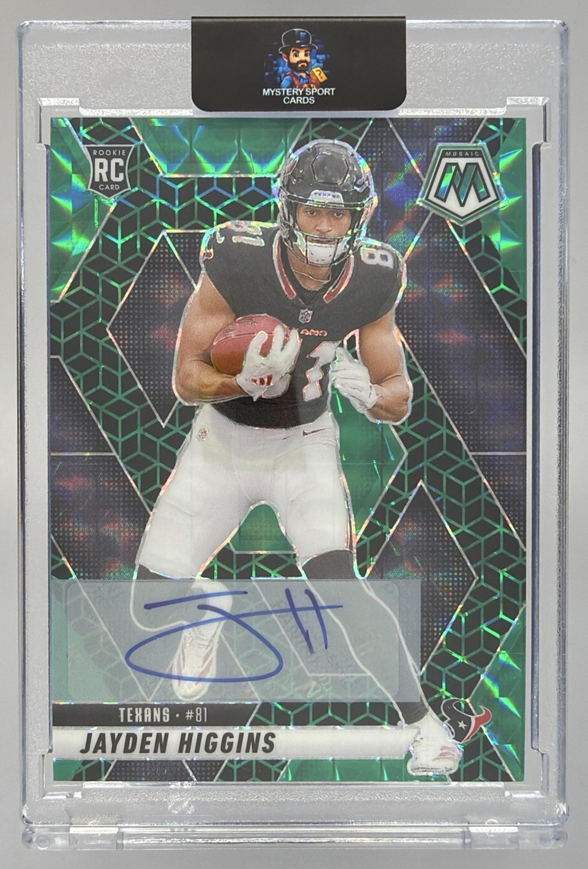 Card image for 2025 Panini Mosaic Jayden Higgins Rookie Auto Green Spectris Prizm FOTL /30 #346 RC Texans
