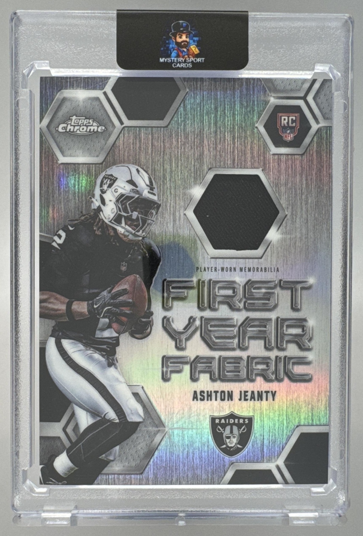 Card image for 2025 Topps Chrome Ashton Jeanty First Year Fabric #FYF-AJ MEM RC Raiders