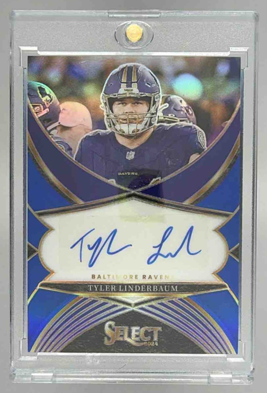 Card image for 2024 Panini Select Tyler Linderbaum Signatures Blue Prizm /99 #SSP-TLM Auto Ravens