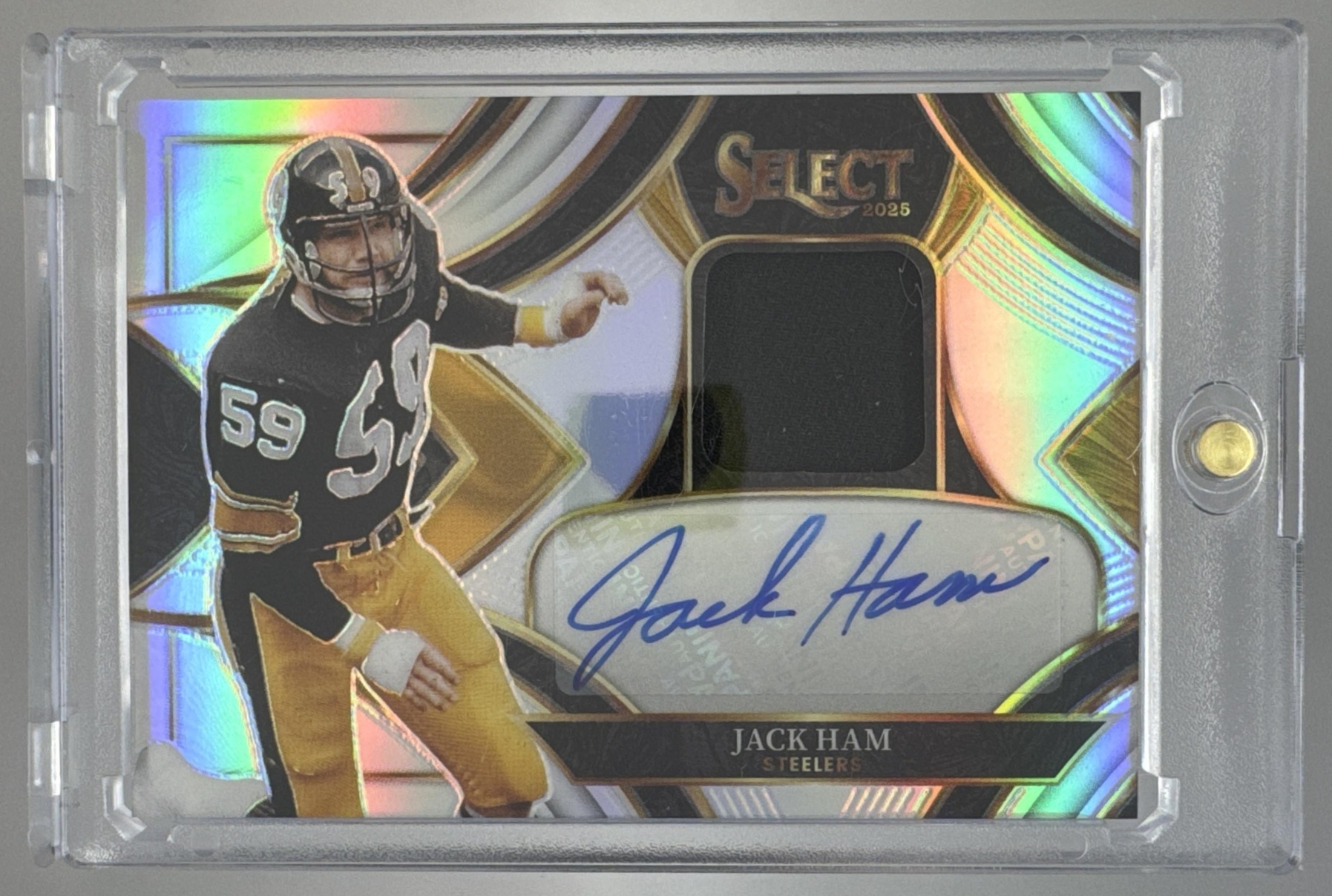 Card image for 2025 Panini Select Jack Ham Signature Memorabilia Silver Prizm /249 #SME-JHM MEM Auto Steelers