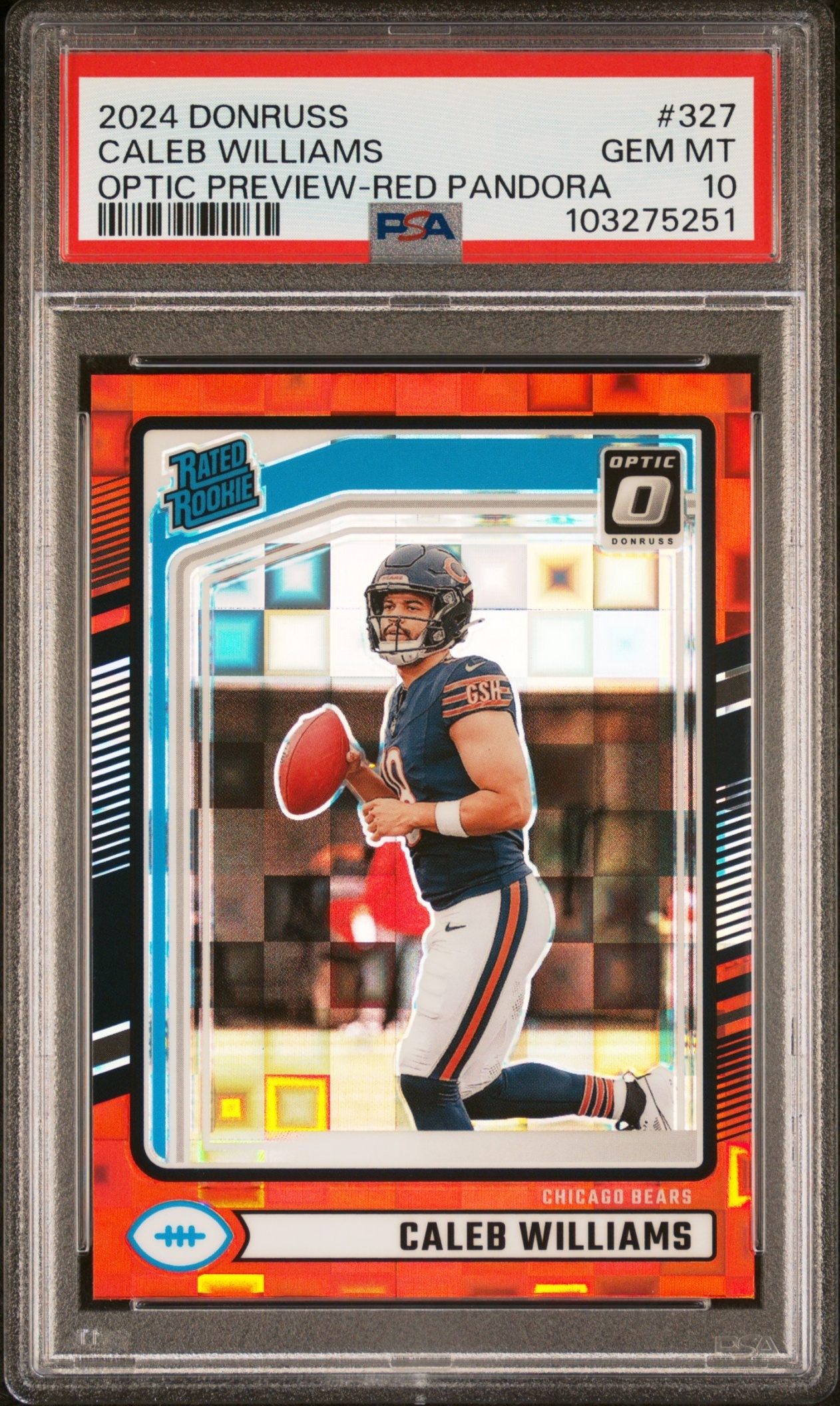Card image for 2024 Panini Donruss Caleb Williams Optic Rated Rookie Preview Red Pandora #327 Bears