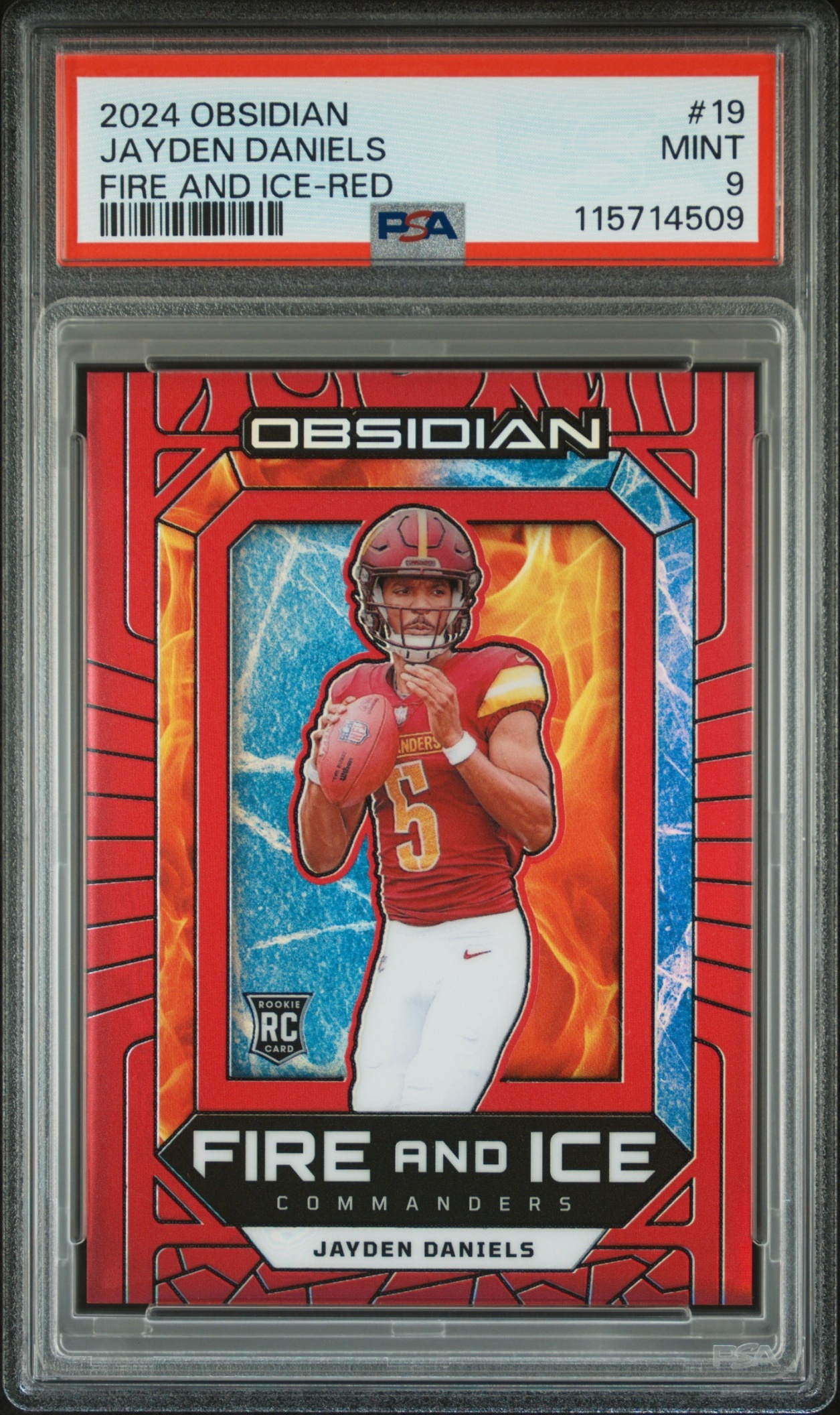 Card image for 2024 Panini Obsidian Jayden Daniels Fire and Ice Red /75 #19 RC Commanders