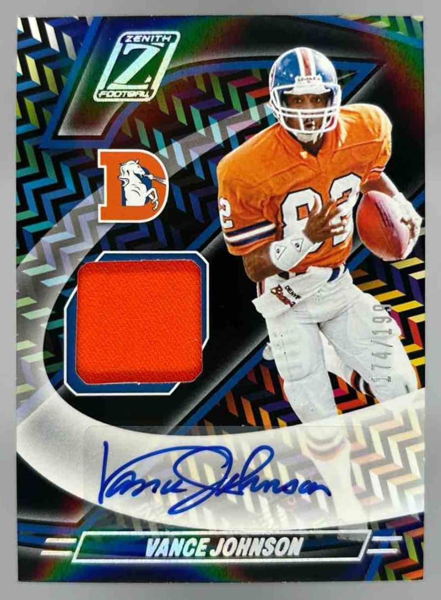 Card image for 2024 Panini Zenith Vance Johnson Z-Jersey Auto /199 #ZJA-VJN MEM Broncos