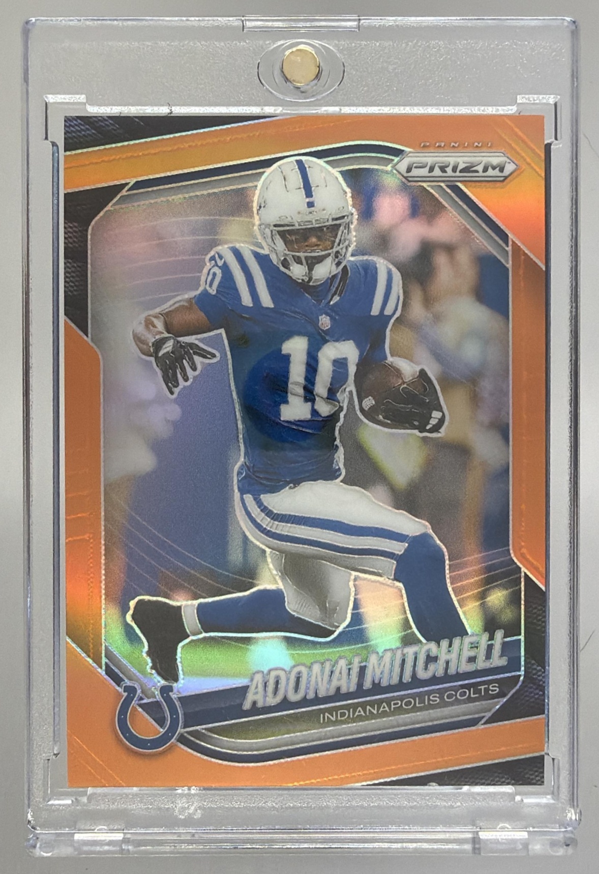 Card image for 2025 Panini Football Prizm Adonai Mitchell Orange /249 #49 Indianapolis Colts