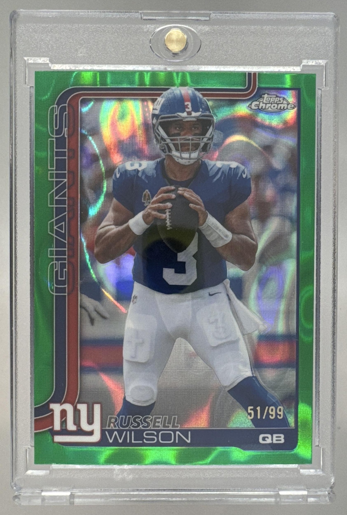 Card image for 2025 Topps Chrome Russell Wilson Football Leather Green Refractor /99 #229 Giants