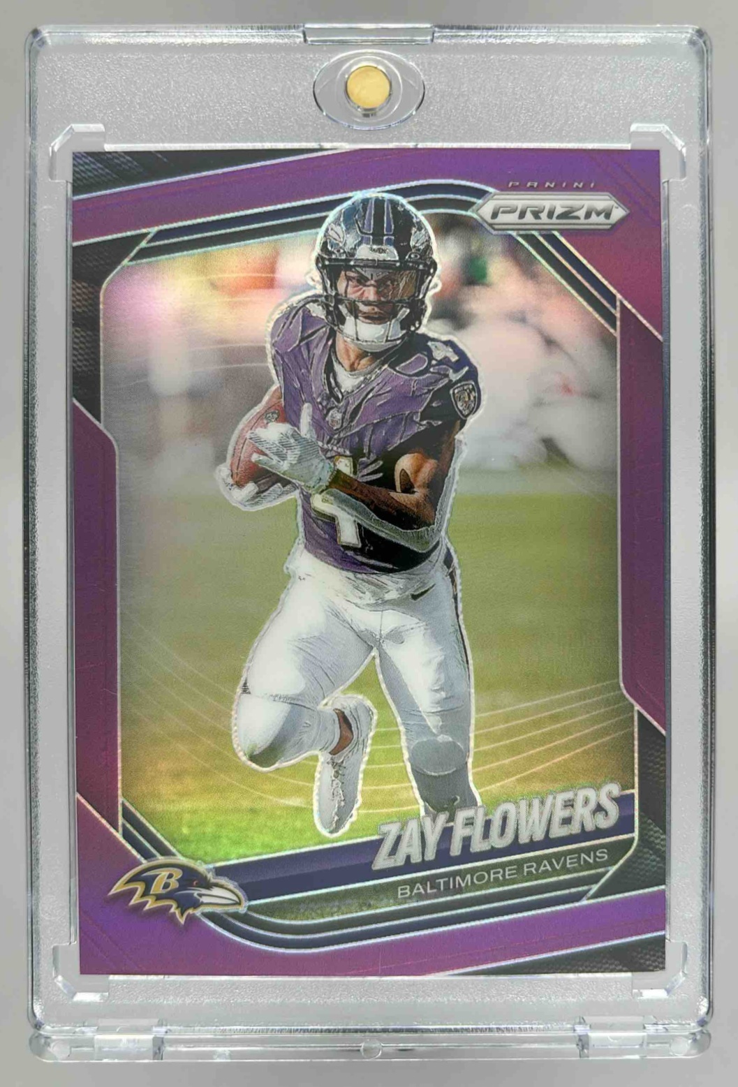 Card image for 2025 Panini Football Prizm Zay Flowers Purple /125 #106 Baltimore Ravens